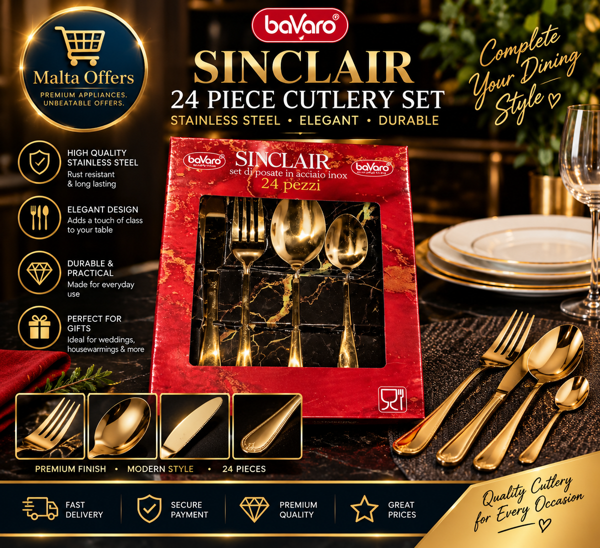 ✨ Bavaro Sinclair — 24-Piece Luxury Cutlery Set