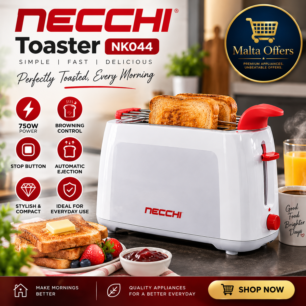 🍞 NECCHI NK044 Toaster – 750W
