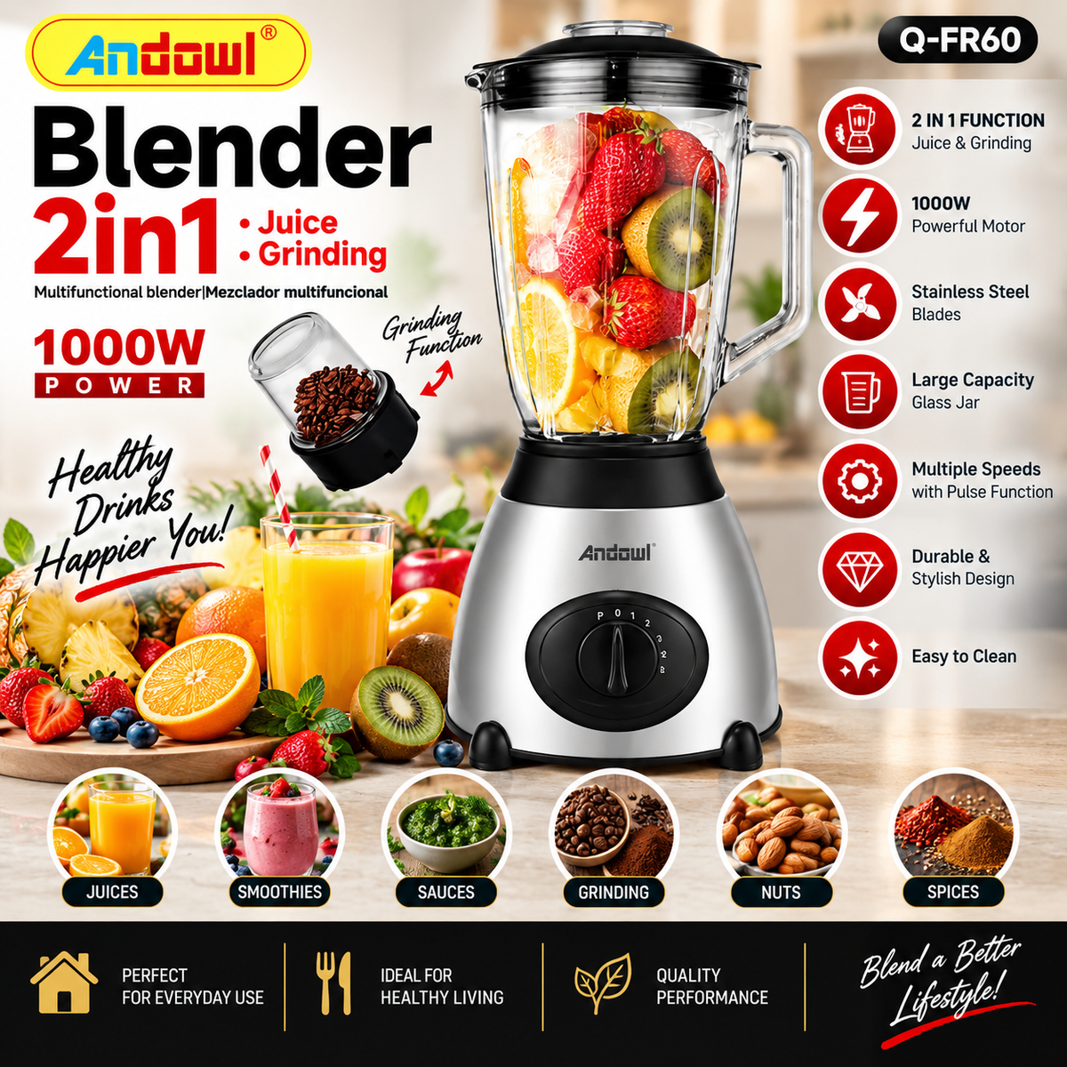 Andowl Q-FR60 2-in-1 Blender 1000W