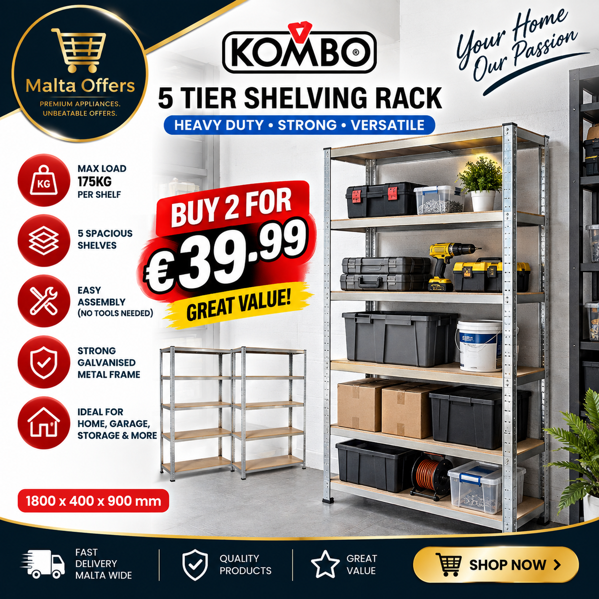 KOMBO 5-Tier Heavy-Duty Shelving Rack  X2