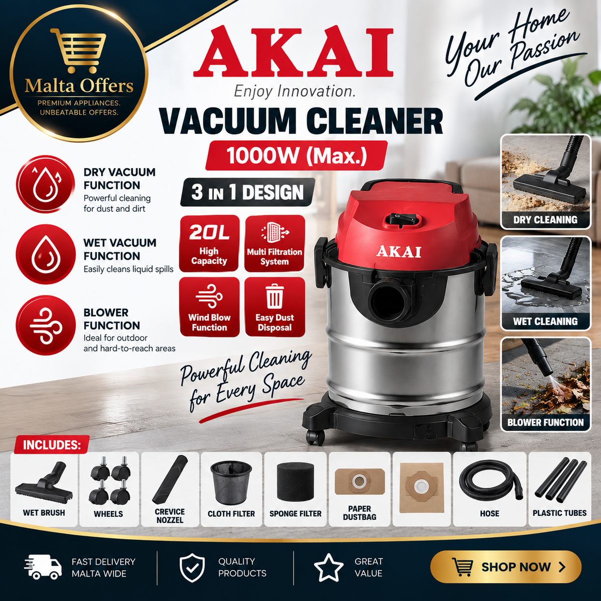 AKAI Wet &amp; Dry Vacuum Cleaner – 1000W