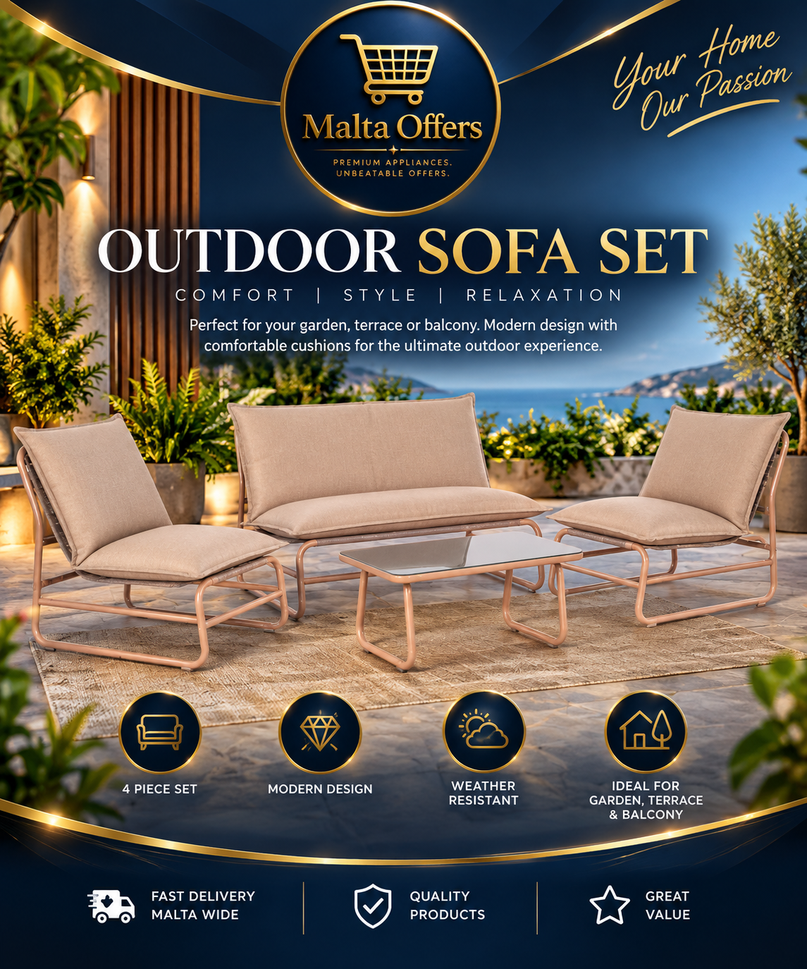 Outdoor Sofa Set – Premium 4-Piece Set
