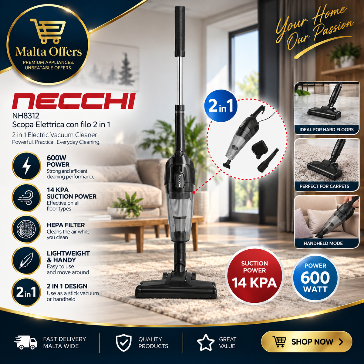 NECCHI NH8312 – 2-in-1 Electric Vacuum Cleaner