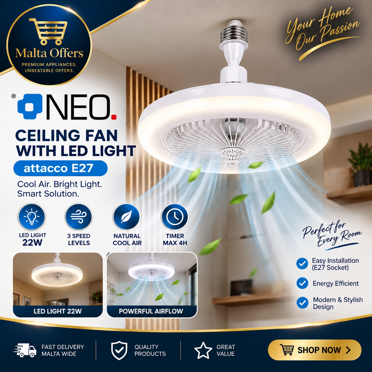 NEO Ceiling Fan with LED Light – E27